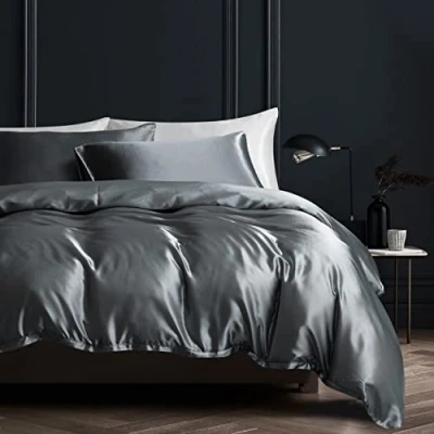 Imagen de Damier Juego de ropa cama satén, 135 x 200 cm, color gris oscuro, antracita brillante, seda 2 piezas, funda nórdica con cremallera y 1 almohada 80 cm