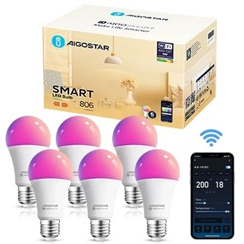 Imagen de Aigostar Bombilla Inteligente E27 SL2 Bombillas Alexa LED 9W 806LM Wifi RGB &amp; 2700K 6500K Regulable, Sincronización con la música, Conexión rápida, Compatible y Google Home, 6 pack
