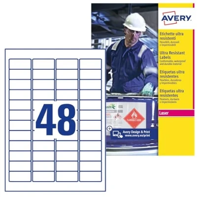 Imagen de Paquete 10 hojas etiquetas muy resistentes de polietileno flexible 45,7 x 21,2 mm avery l7911