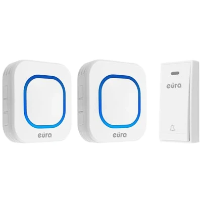 Imagen de Eura Tech Folk WDP 80H2 Timbre inalámbrico sin batería para Exteriores (Resistente al Agua, Alcance de 100 m, 58 Tonos, 4 Niveles Volumen), Dos receptores