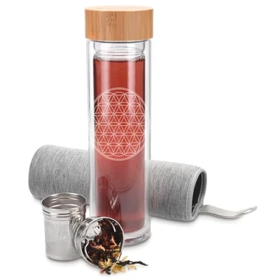Imagen de Navaris Botella de Agua Cristal Termo para té 450 ML Vidrio borosilicato Tetera con Filtro Acero Tapa y Funda Neopreno