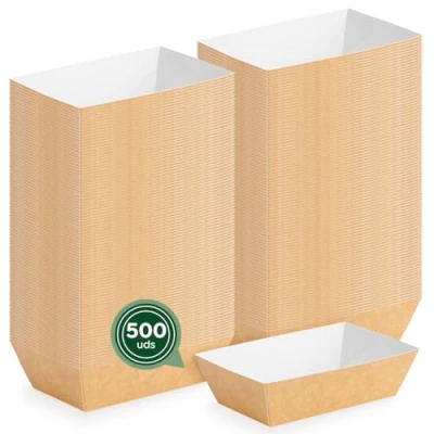 Imagen de MAXI PRODUCTS 500 unidades Cuenco Cartón Desechables Aperitivos Comida para llevar Bandeja Comidas frías y calientes Aperitivo Desechable 13x8x4,5cm APILABLE