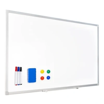 Imagen de Raylu Paper® Pizarra blanca magnética con marco de aluminio, bandeja para rotuladores, kit montaje, 3 4 imanes y 1 borrador magnético, borrado en seco. (90 x 60 cm)