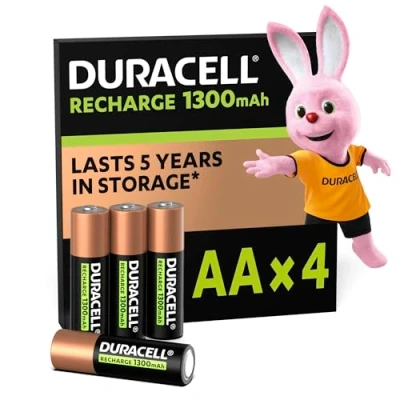 Imagen de Duracell pilas recargables AA (Paquete de 4), 1300 mAh NiMH, 2000 ciclos recarga, precargadas, gran duración, con 0% plástico 100% embalaje reciclable
