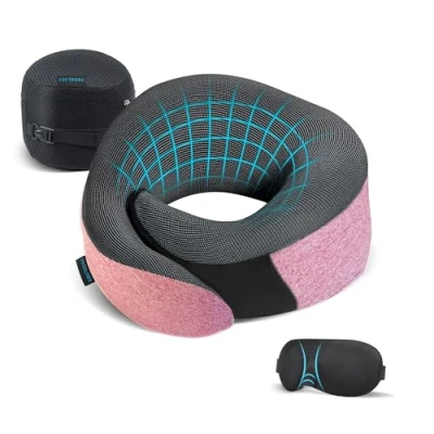 Imagen de Proglobe Almohada de Viaje para Avión Rosa Kit con Cervical Espuma Viscoelástica 100%, Máscara 3D Contorneada y Bolsa Malla Lujo Ideal Viajes Largos