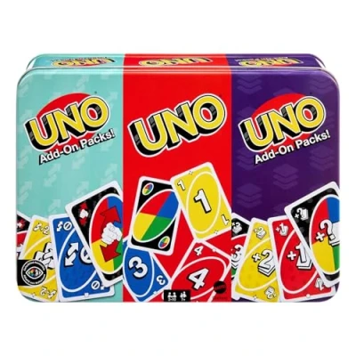 Imagen de Mattel Games Juego De Cartas UNO con 2 Paquetes Adicionales y Lata Coleccionable para Niños, Adultos Noche Juegos en Familia. a 10 Jugadores, JCV60