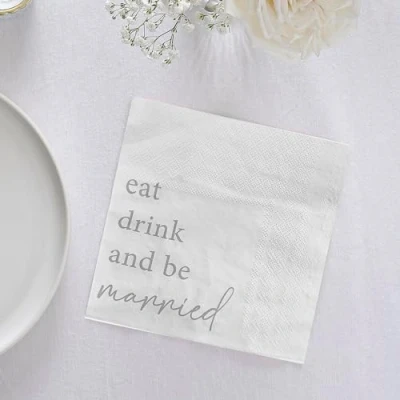 Imagen de Ginger Ray Servilletas de papel blanco con texto en inglés &quot;Eat, Drink and Be Married&quot;, paquete 16 unidades