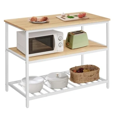 Imagen de VASAGLE Estante de Cocina con encimera Grande, microondas 3 Niveles, Marco Acero, 60 x 120 90 cm, Moderno, fácil instalación, Roble Blanco KKI001W09