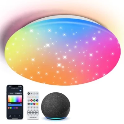 Imagen de Aigostar Mesh Plafon LED Techo Bluetooth Mesh, 18W, 2000LM, 3000K 6500K y RGB regulable, IP44, Φ35CM, Plafón Inteligente Compatible con Alexa, Lampara Alexa para Salon/Dormitorio/Baño