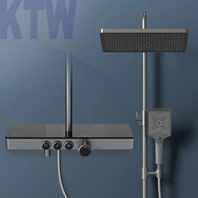 Imagen de EMKE Sistema de ducha con termostato, placa termostática 45 cm, mano, 3 tipos chorro, lluvia grifo, juego lluvia, certificación KTW, antracita mate