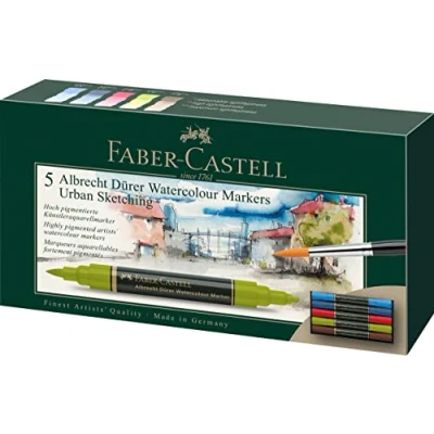 Imagen de Faber Castell 160308 Rotulador de acuarela Albrecht Dürer con doble punta para una aplicación precisa y plana color, estuche 5 unidades, multicolor