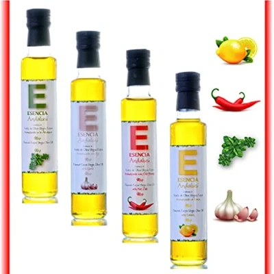 Imagen de Aceite de oliva Virgen Extra Aromatizado, 4 Botellas cristal 250 ml con aromatizado esencias naturales (Ajo Chili Picante Limón Albahaca)