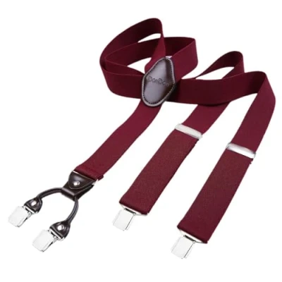 Imagen de DonDon tirantes hombre anchos 3,5 cm con 4 clips extra fuertes para pantalones y parche de cuero marrón rojo burdeos