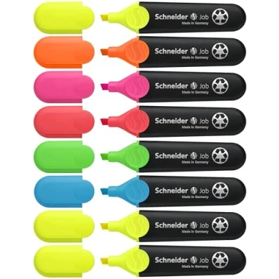 Imagen de Schneider Job 150 Rotuladores fluorescentes (rellenables y resistentes a la decoloración) (8 unidades), color amarillo (3 naranja, rosa, verde, azul rojo