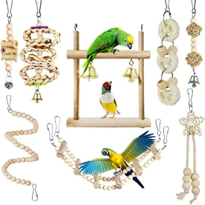Imagen de Chikanb Juguetes para Pajaros, 8 Piezas de Ave Colorida Masticar, Hamaca Madera, Agapornis Columpio Juguetes, Que Cuelga la Perca Juguete Pequeños y Medianos Loro Aves