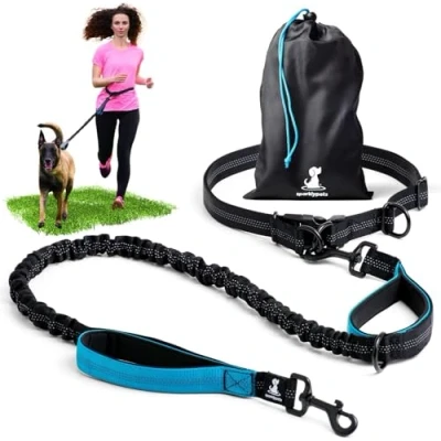 Imagen de SparklyPets Correa Manos Libres para Perros de Raza Mediana y Grande, arnés Profesional con Costuras Reflectantes, Entrenar, Caminar, Trotar Correr tu Mascota (Azul, 1 Perro)