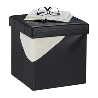 Imagen de Relaxdays Taburete con Almacenaje, Tapa, Reposapiés Sofá Plegable, Polipiel, Acolchado, 38 x 37 cm, Negro, Tablero de Fibras