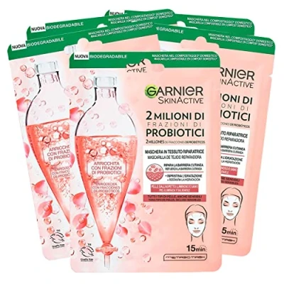 Imagen de Garnier SkinActive Mascarilla facial reparadora, 2 millones de fracciones probióticos, para todos los tipos piel, biodegradable, hidratante, con ácido hialurónico, 5 paquetes 1 aplicación