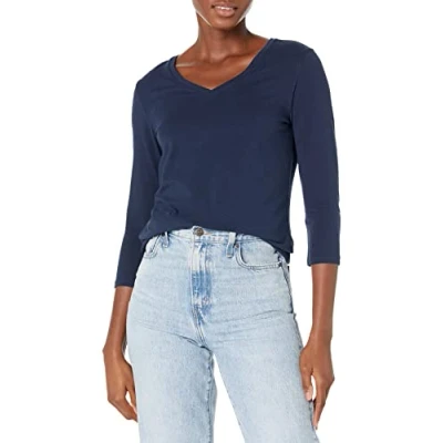 Imagen de Amazon Essentials Camiseta de Cuello en Pico, Manga 3/4 y Ajuste Clásico (Disponible Tallas Grandes) Mujer, Azul Marino, L
