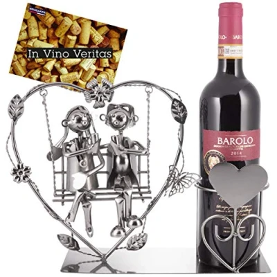 Imagen de BRUBAKER Porta Botella de Vino Corazón con Amantes en el Columpio Soporte Metal Objeto Decorativo Tarjeta Felicitación