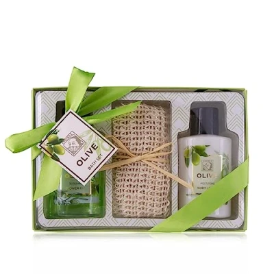 Imagen de Accentra set de regalo ducha para mujer OLIVE en una hermosa caja cuidado 3 partes con gel ducha, loción corporal y toalla sisal bienestar