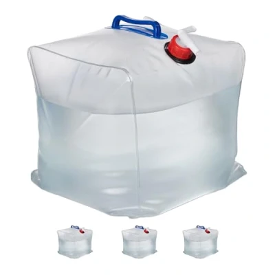 Imagen de Relaxdays Pack 4 Bidones Plegables 20L, Garrafas Agua con Grifo y 2 Asas, sin BPA, Aptos para Alimentos, Transparente