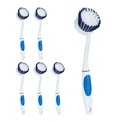Imagen de Relaxdays Set de 6 Cepillos para Fregar Platos, Cerdas Semiduras, Vajilla, Mango Engomado, Plástico, 25 cm, Azul