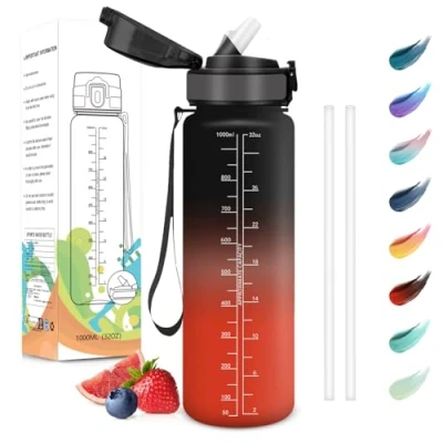 Imagen de Motswedi Botella Agua 1 Litro, Sin BPA, con Pajita, Reutilizable, Gimnasio, a Prueba de Fugas, Agua, Cantimplora para Gym, Yoga, Oficina, Escuela, Negro Rojo