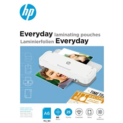 Imagen de HP Everyday Fundas para plastificar (25 unidades, tamaño A6, 80 micrones, brillantes), transparente