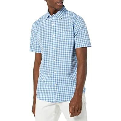 Imagen de Amazon Essentials Camisa de Popelín Manga Corta y Ajuste Entallado Hombre, Azul Claro Blanco Guinga, L
