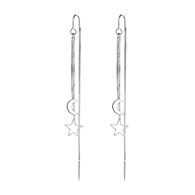 Imagen de pendientes colgantes de gota luna estrella Bramian enhebrador cadena larga plata para mujeres y niñas (1 par)
