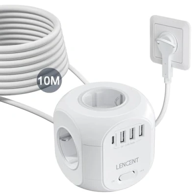 Imagen de LENCENT Cubo Regleta Enchufes 10M con Enchufe Plano para Uso Interior, 8 En 1 4 Tomas de CA, 3 USB y Tipo C Familia, Cocina Oficina
