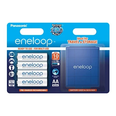 Imagen de Panasonic eneloop, pilas de Ni MH listas para usar, AA Mignon, pack 4 uds. incl. caja azul , mín. 1900 mAh, 2100 ciclos carga, potentes y con baja autodescarga, recargables