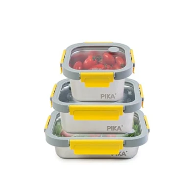 Imagen de PIKA Recipiente hermético para alimentos de acero inoxidable y tapa cristal templado ligera Compatible con microondas, horno, congelador MetalShock (Set 3 : 600ml + 800ml 820ml)