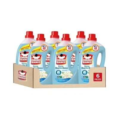 Imagen de Omino Bianco Detergente líquido para lavadora, 240 lavados, respeta colores y tejidos, perfume fresco con esencia de almizcle blanco, 2000 ml x 6 paquetes