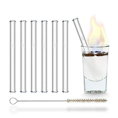 Imagen de pajitas de cristal reutilizables, 6 unidades cortas y rectas 10 cm + cepillo limpieza sin plástico, aptas para lavavajillas, sostenibles, vasos chupito