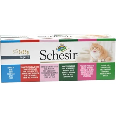 Imagen de Schesir Comida para Gatos húmeda con atún, filetes de Vacuno, pequeñas Anchas y arroz en Varios Paquetes o como variedades Individuales (6 latas 85 g).