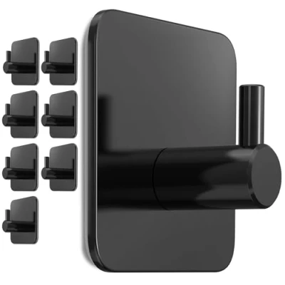 Imagen de Menz Toallero sin taladrar, juego de 8 unidades baño negro inoxidable, ganchos adhesivos acero con almohadillas adhesivas impermeables, autoadhesivos como