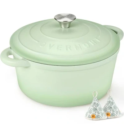 Imagen de Overmont Olla de hierro fundido esmaltado horno holandés 26 cm apto para con tapa y libro cocina ideal cocinar, hornear, estofar asar
