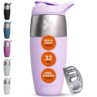 Imagen de Promixx Pursuit botella mezcladora de proteínas acero inoxidable una sola pared, batidos súper suaves, 950 ml, color lila