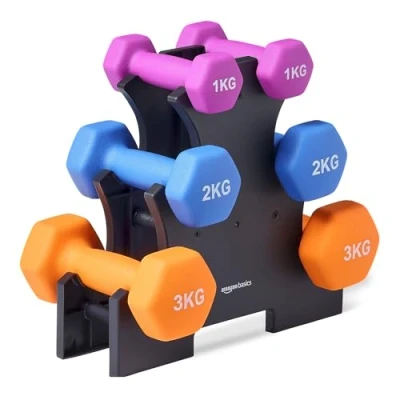 Imagen de Amazon Basics Juego de mancuernas neopreno con soporte, Paquete 3 (1 kg, 2 kg), Multicolor