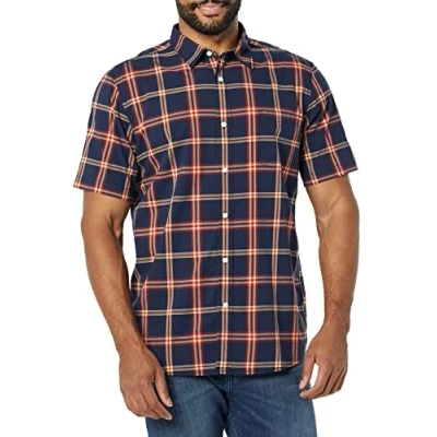 Imagen de Amazon Essentials Camisa de Popelín Manga Corta y Ajuste Entallado Hombre, Azul Marino Rojo Cuadros Escoceses, L