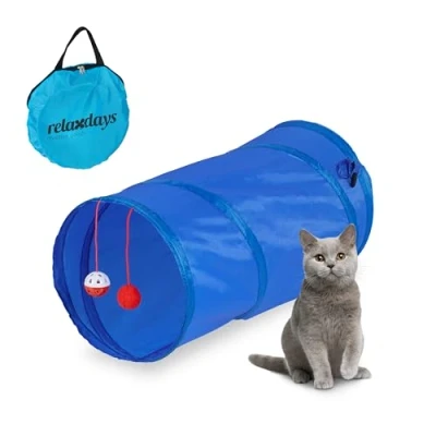 Imagen de Relaxdays Túnel para Gatos Plegable, 48 x 26 cm, Tubo Gatitos con Juguetes y Bolsa, Juego Interactivo, Azul, Acero