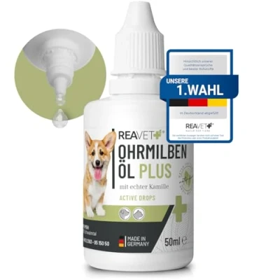 Imagen de ReaVET TESTURTEIL MUY BUENO 09/23 Aceite de ácaros del oído Plus 50 ml inmediatamente eficaz remedio para perros contra los con manzanilla perros, cuidado suave picores en