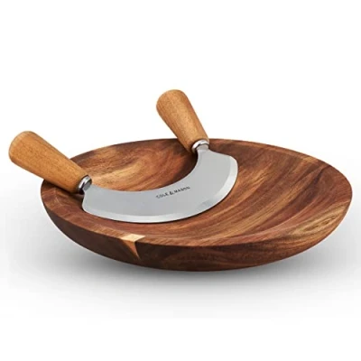 Imagen de Cole &amp; Mason H722130 Ashden Mezzaluna y Tabla de Cortar Redonda, Madera Acacia/Acero Inoxidable, Para Corte Hierbas, No Apto Lavavajillas