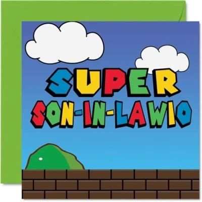 Imagen de Stuff4 tarjetas de cumpleaños para yerno, Super Son in Lawio, divertida tarjeta feliz hijo suegro, 145 mm x mm, felicitación jugadores videojuegos