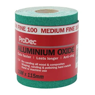 Imagen de ProDec Rollo de papel lija abrasivo óxido aluminio verde grado medio fino grano 100 para lijar madera, pintura, yeso, relleno, metal y más, 115 mm ancho compatible