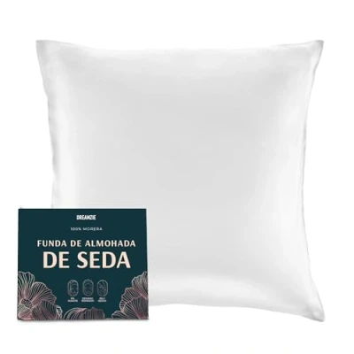 Imagen de DREAMZIE Doble Cara 100% 19 mm Funda de Almohada Seda Pura moras para la Salud del Cabello y Piel Funda, con Cremallera Oculta, 1 Pieza, 65x65 cm, Blanco