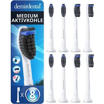 Imagen de Pack con 8 cabezales demirdental compatibles los recambios de Philips Sonicare carbón activo, cepillos dureza media, Blanco, corresponde a HX9058m