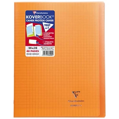 Imagen de Clairefontaine 984409C Un cahier piqué Koverbook 48 pages 24x32 cm 90g grands carreaux, couverture polypro (plastique) transparente, Orange
